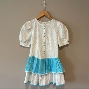 VINTAGE AMY TOO! White and Blue Polka Dot Ruffled Girls Dress 80s 90s Size 12